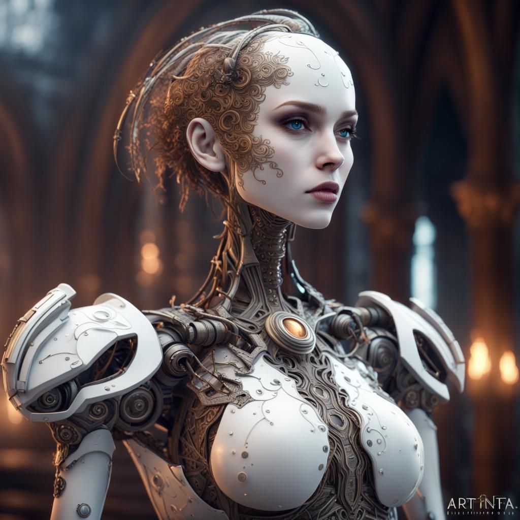 skinny, female, robotic, warforged, white porcelain doll, wi...
