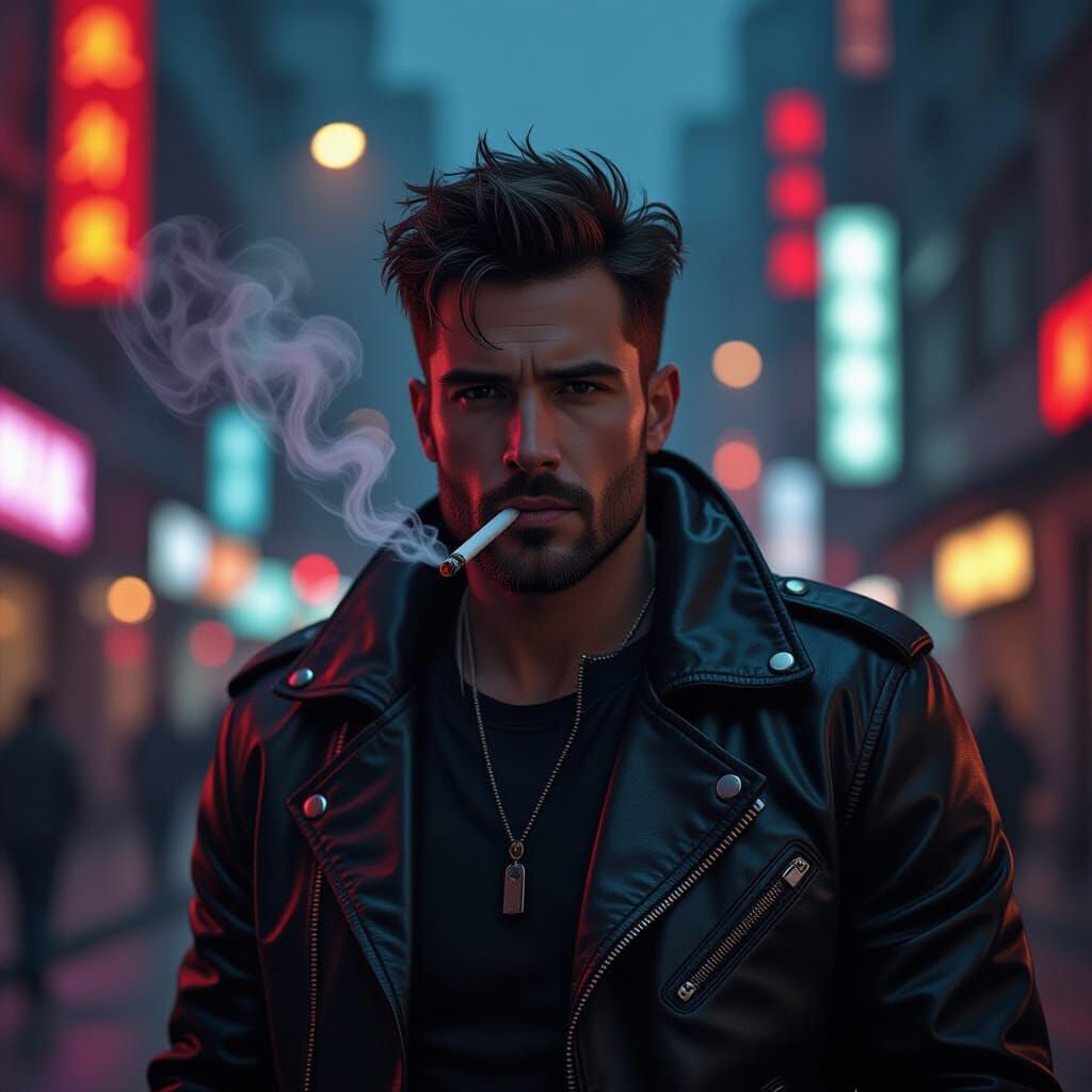 Cyberpunk Smoker in a Dystopian Cityscape