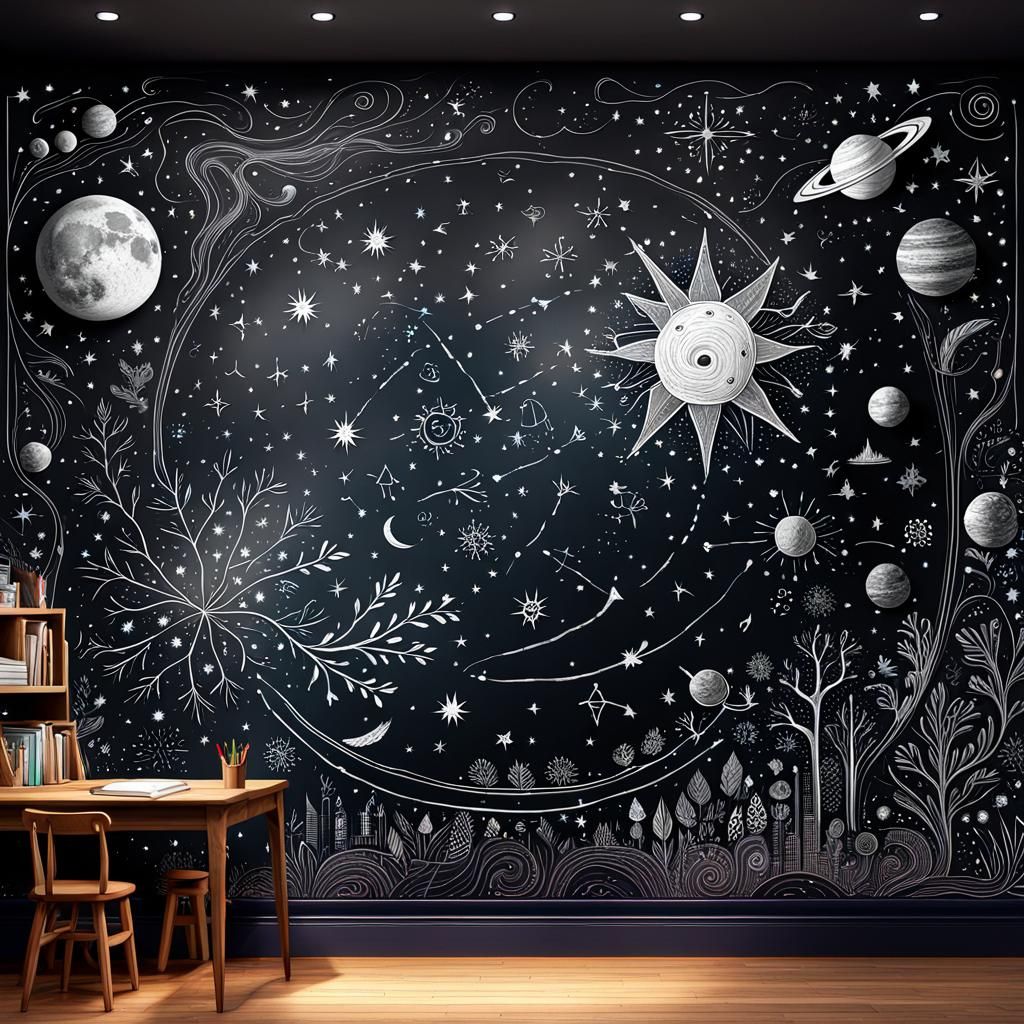 Chalk Art: chalkboard-style mural with white chalk on a black Board  by @nishinishand