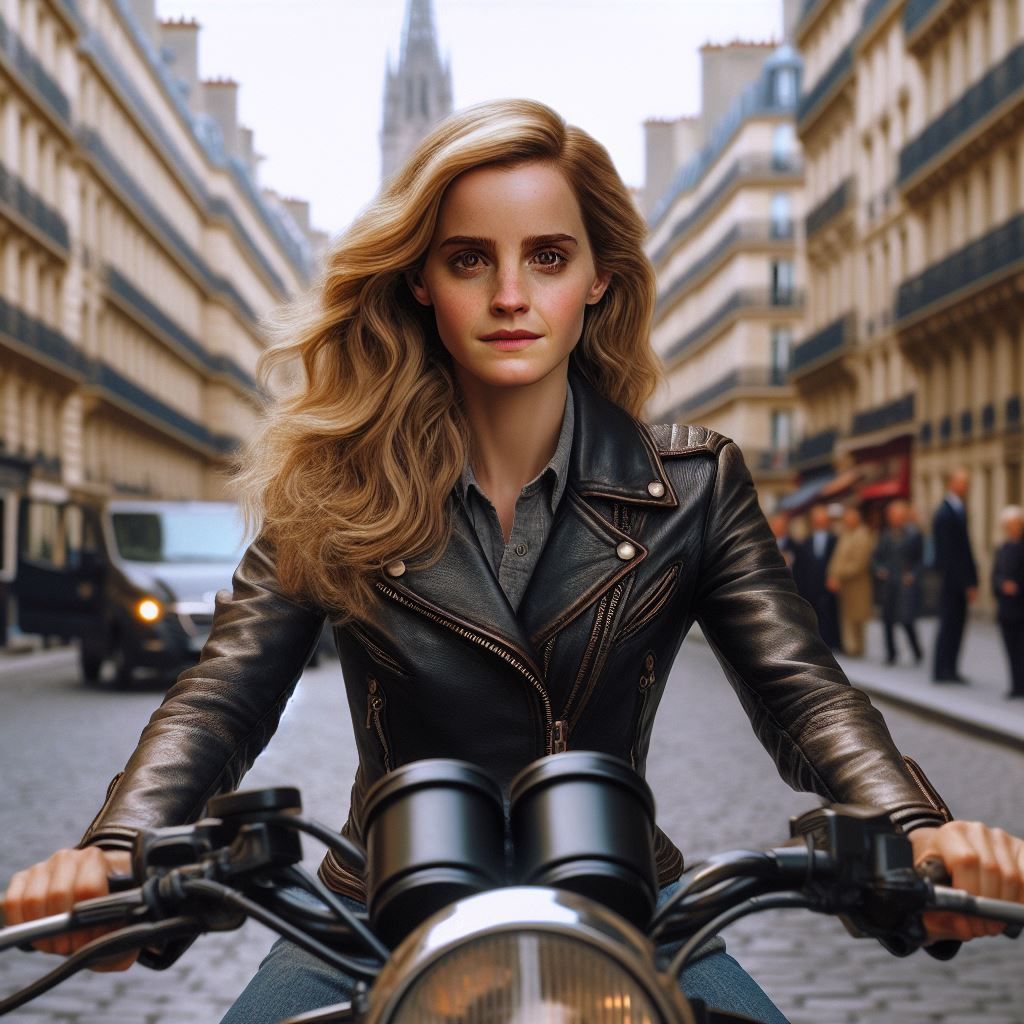 Emma Watson as Hermione Granger, riding her motorbike