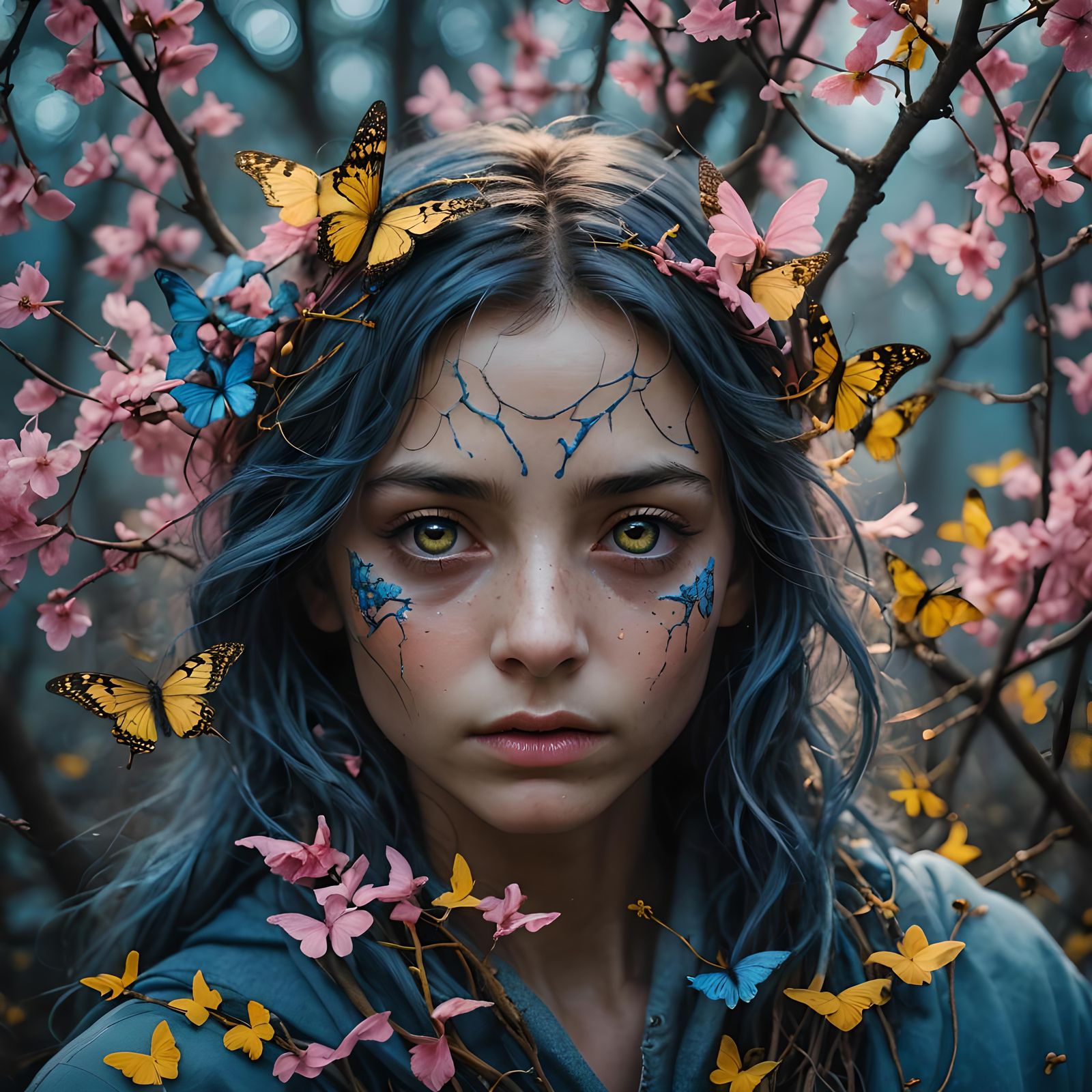 Beautiful majestic butterfly, pink light orbs, blue trees, y...
