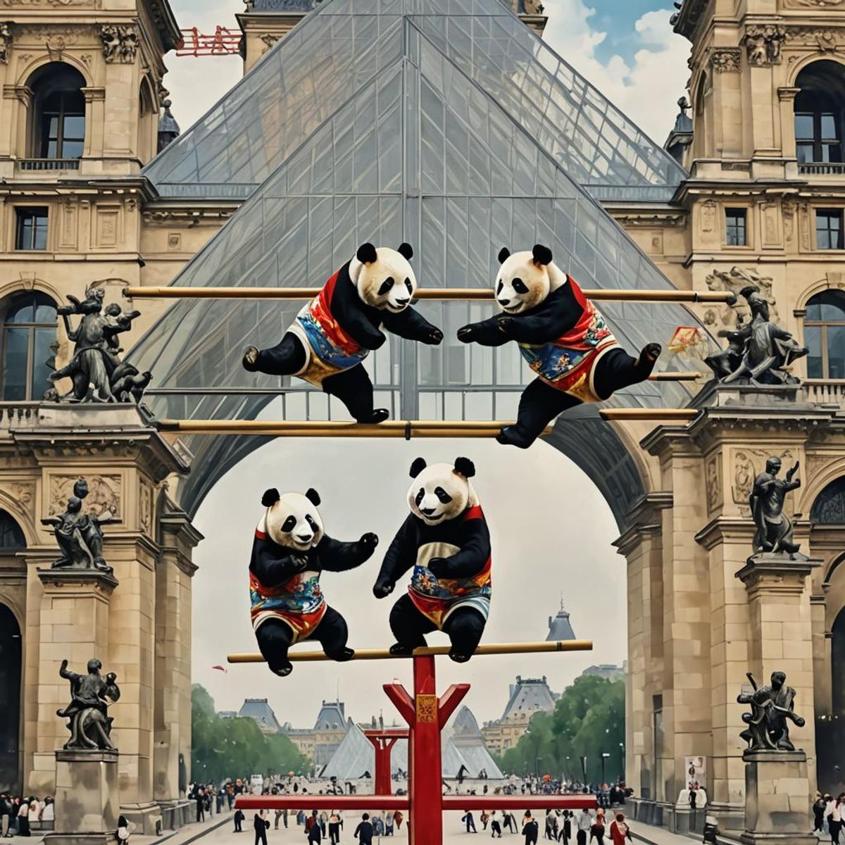 Two Pandas In Chinese Jerseys, Performing Synchronized Gymnastics On 