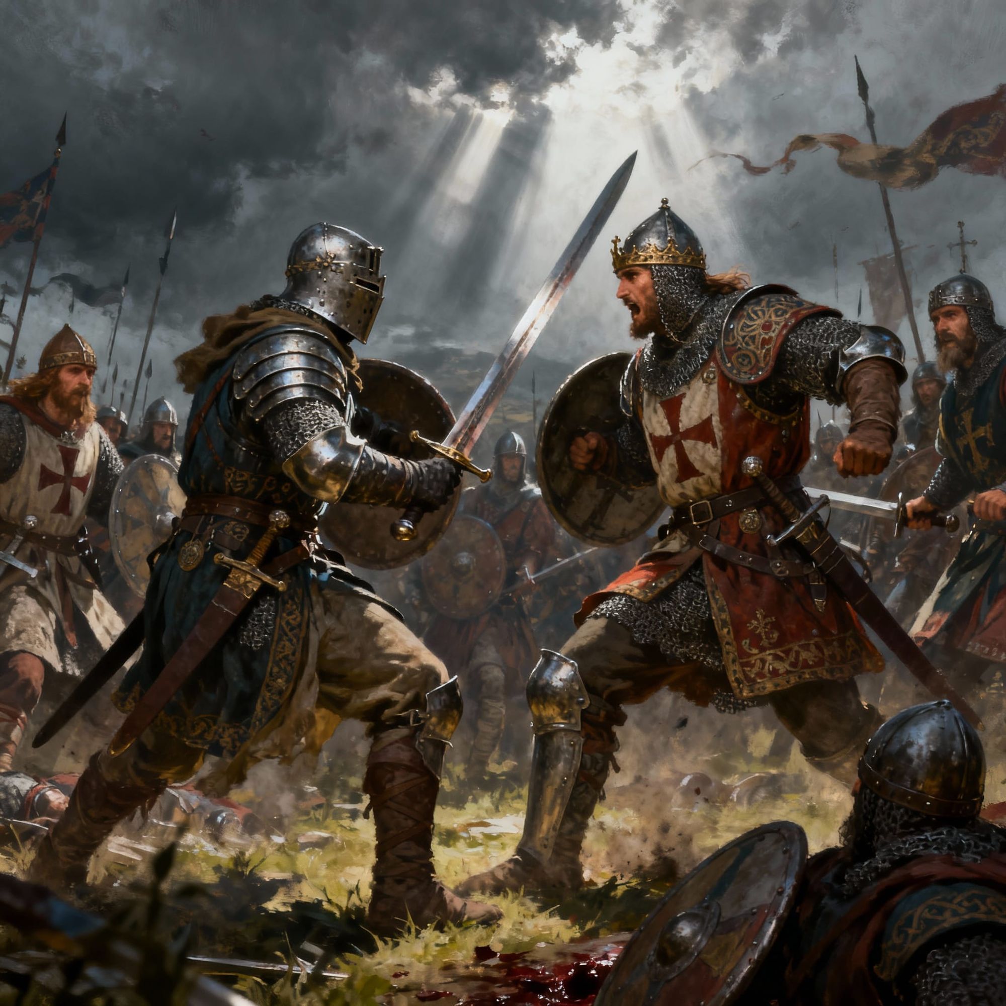 Men sword fighting in a large battle