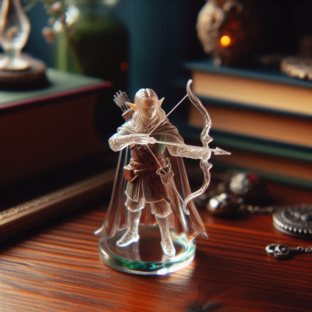 A small glass figure of an elven archer standing on the table