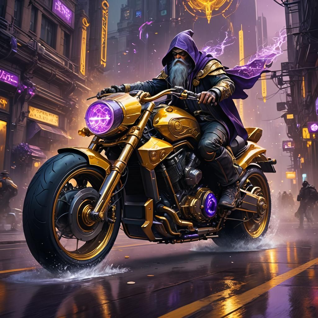 A wizard riding a futuristic motorcycle.
