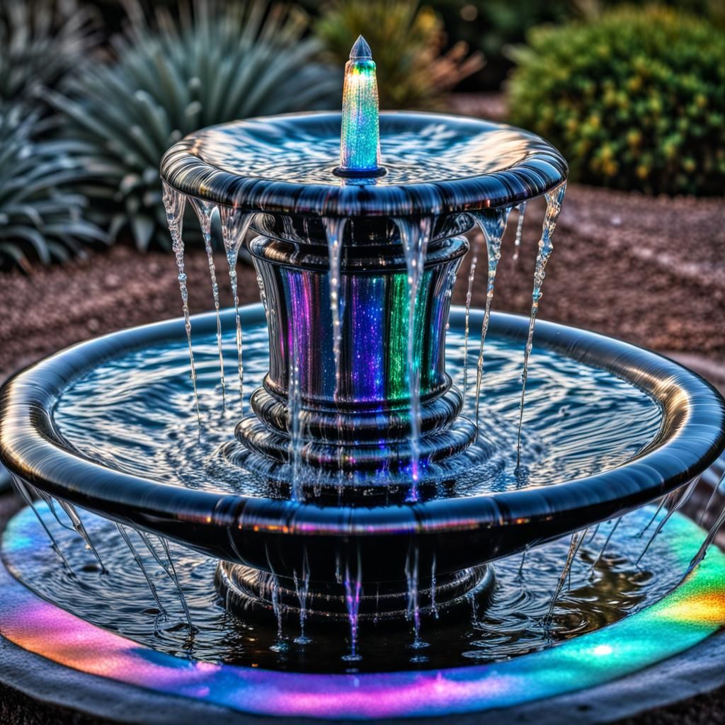 Sparkling fuzzy jet-obsidian water Fountain, pouring ans str...