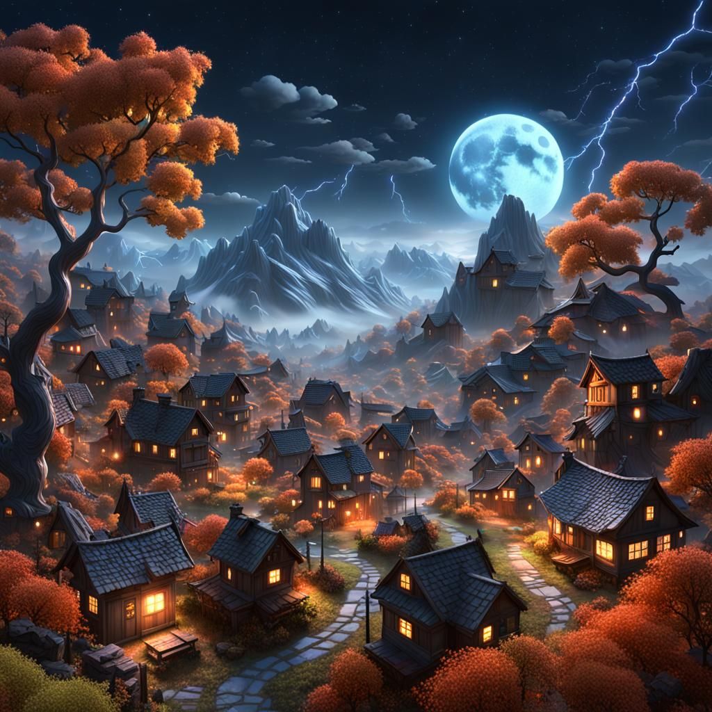 fiberpunk village, lush valley, twilight, detailed background, neural networks, mountain tops, epic skies, stars, moon, dramatic clouds, aut...