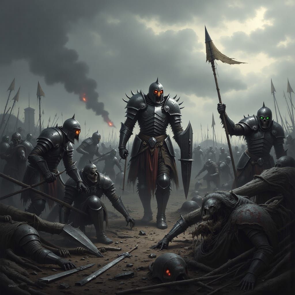 Stoic soldiers stand against Undead attack <lora:Grimdark Fantasy:1.0>