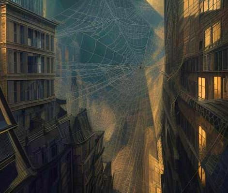 Create a weird and silly double-exposure: a bustling, slightly archaic Gustave Doré geometric surreal city street at dusk. Exposure two is m...