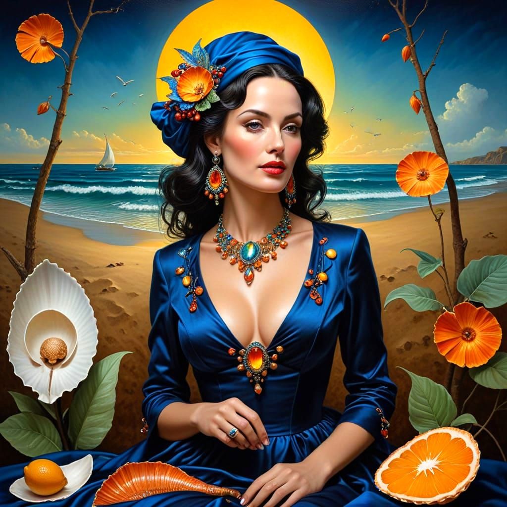 Surrealistic Portrait of Elegant Woman in Whimsical Surround...