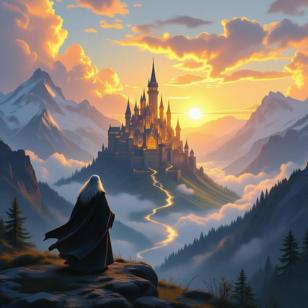 Wizard on Mountain Overlooking Castle Growing from Earth