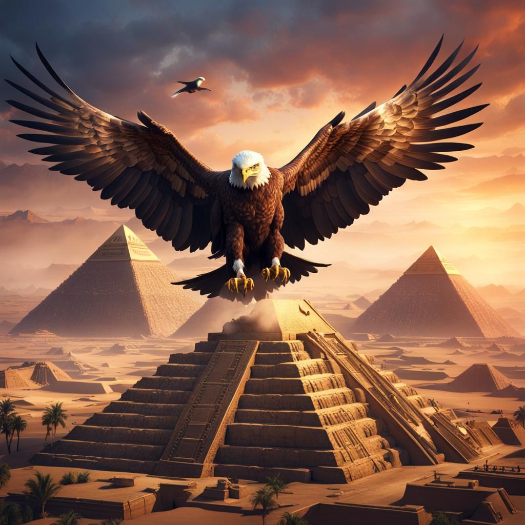 An eagle stretching its wings on top of the pyramid of Giza