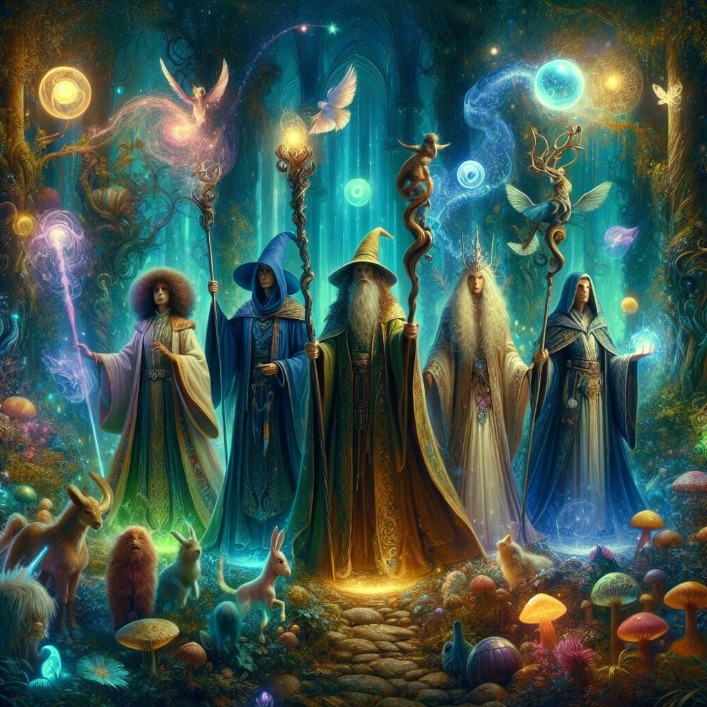 an image that depicts enchanting wizards and warlocks from the land of Oz, adorned in flowing robes, ...  by @Carrie David Parr 