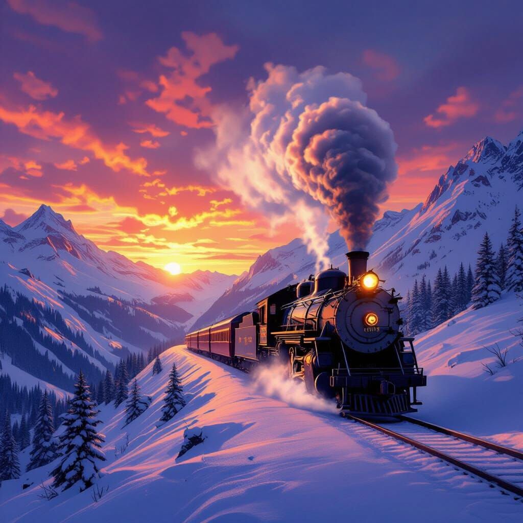 Winter train on a beautiful mountainside 