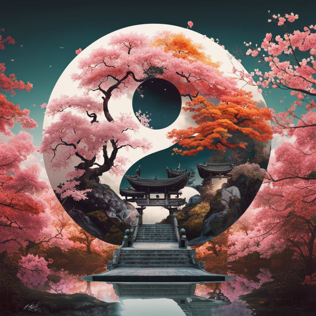 Yin Yang Symbol in Japanese Sakura Garden