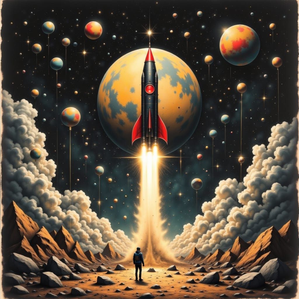 <lora:ChArkcoal:1.0> surreal retro rocket space launch <lora:Pinup Flux:0.1> 