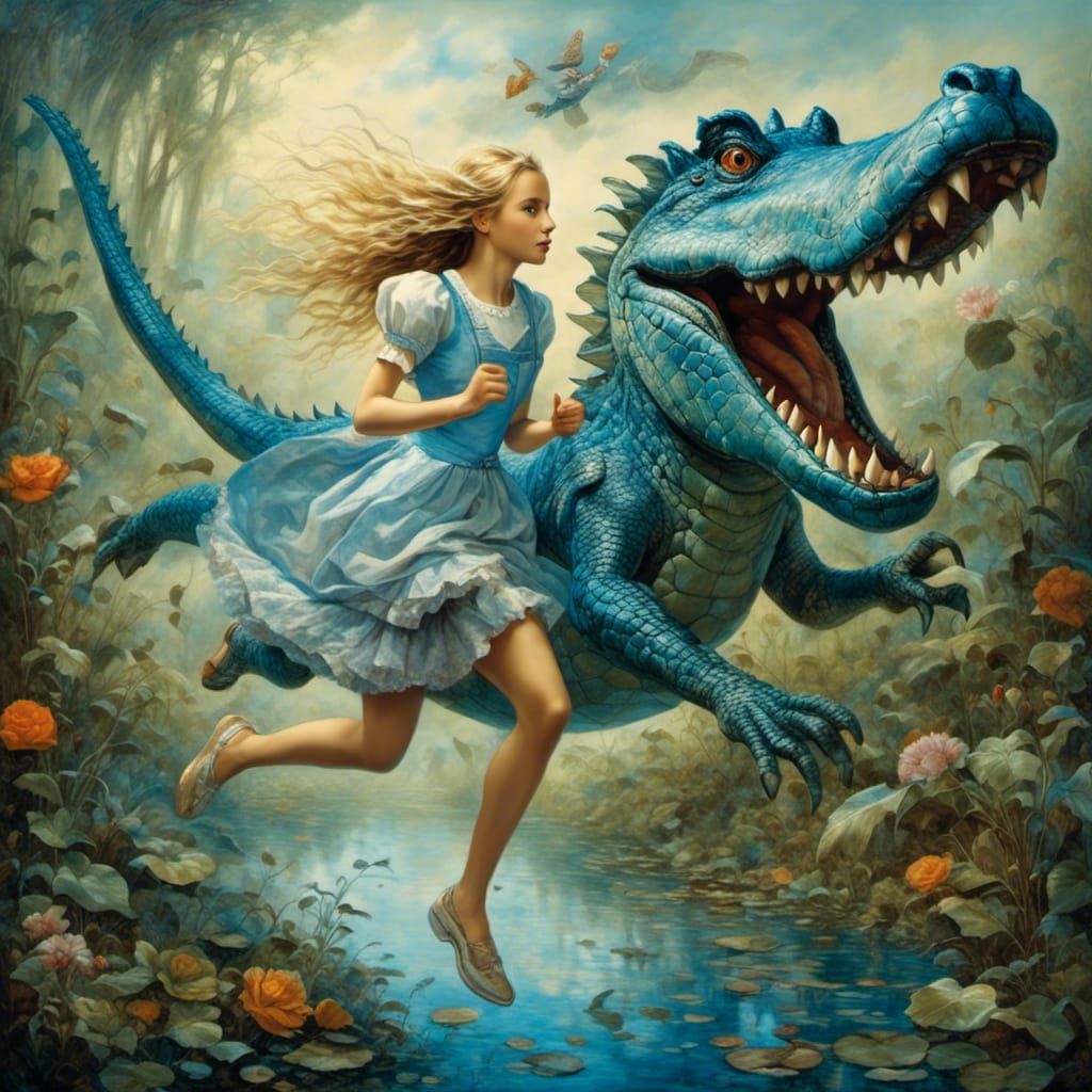 <lora:vinaigrette:1.0> Alice running away from blue crocodile,fantasy,masterpiece, high details, 