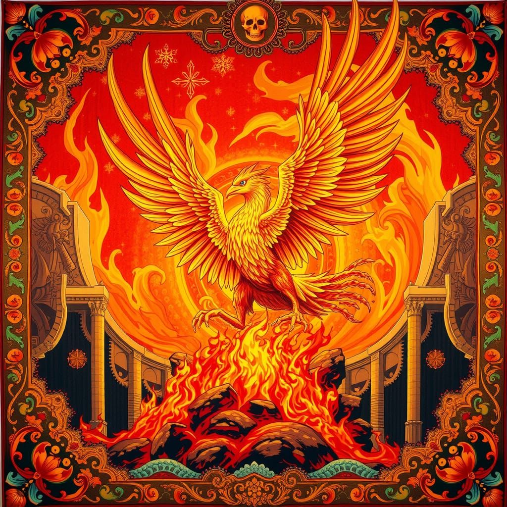 Phoenix Rises From Embers in Ornate Tapestry Illustration