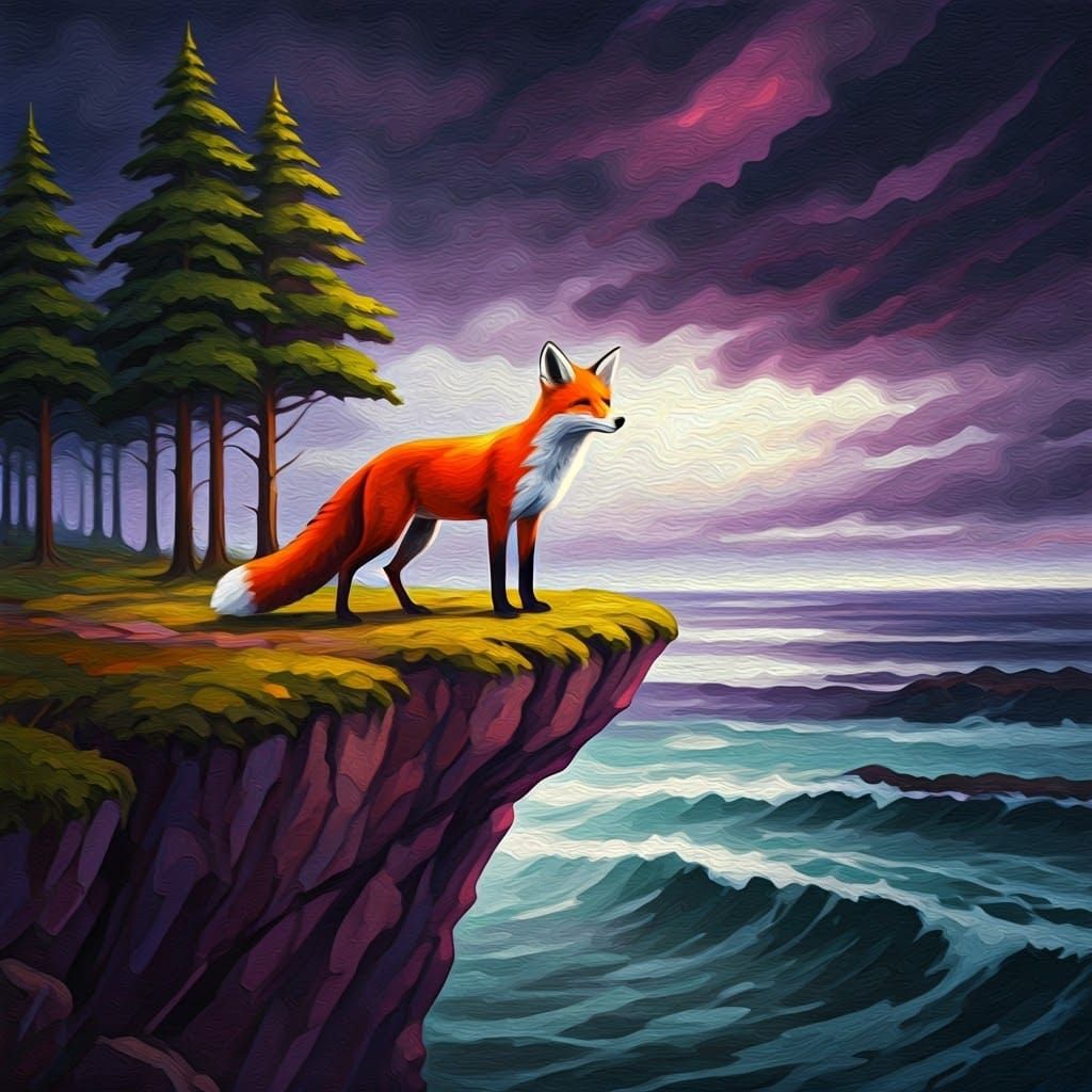 Red Fox Howling at Stormy Sky: Expressionist Painting