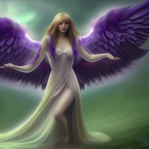 taylor swift, long purple wavy hair, glowing aura, mysteriou...