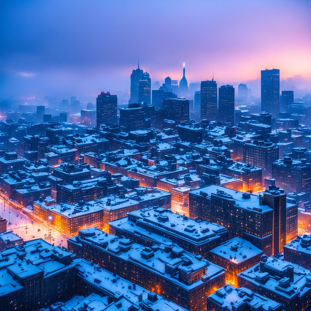 sunset cityscape during a snowfall