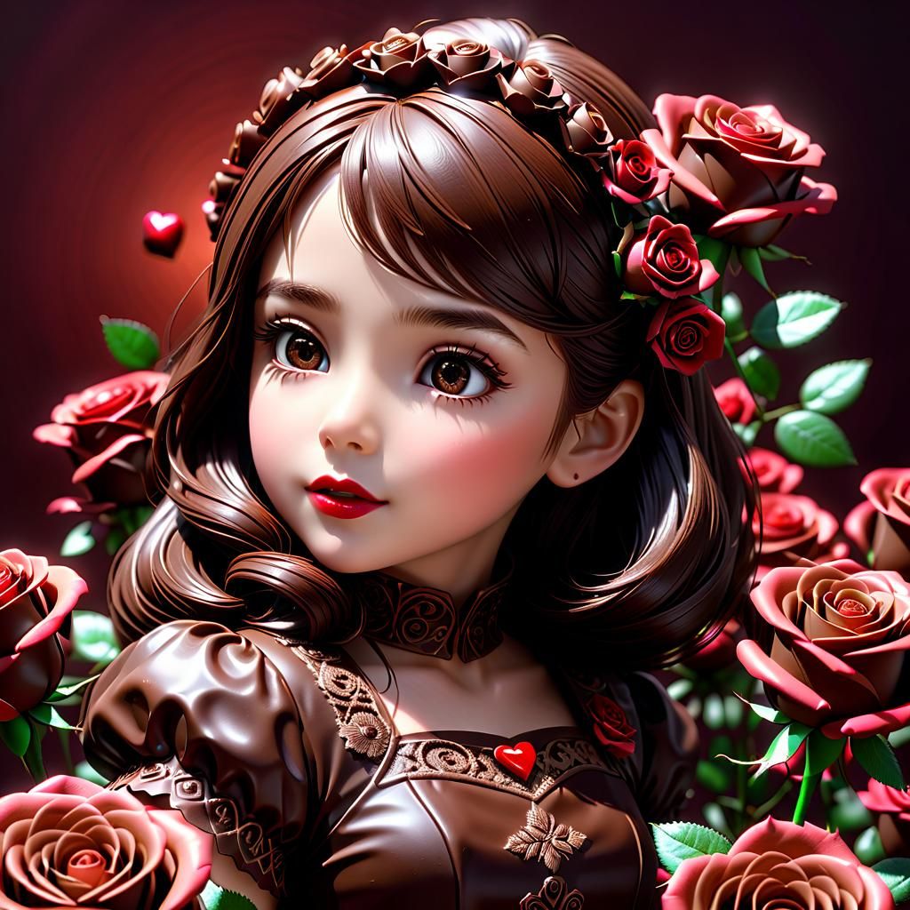 Little girl made completely of chocolate kisses and roses in...