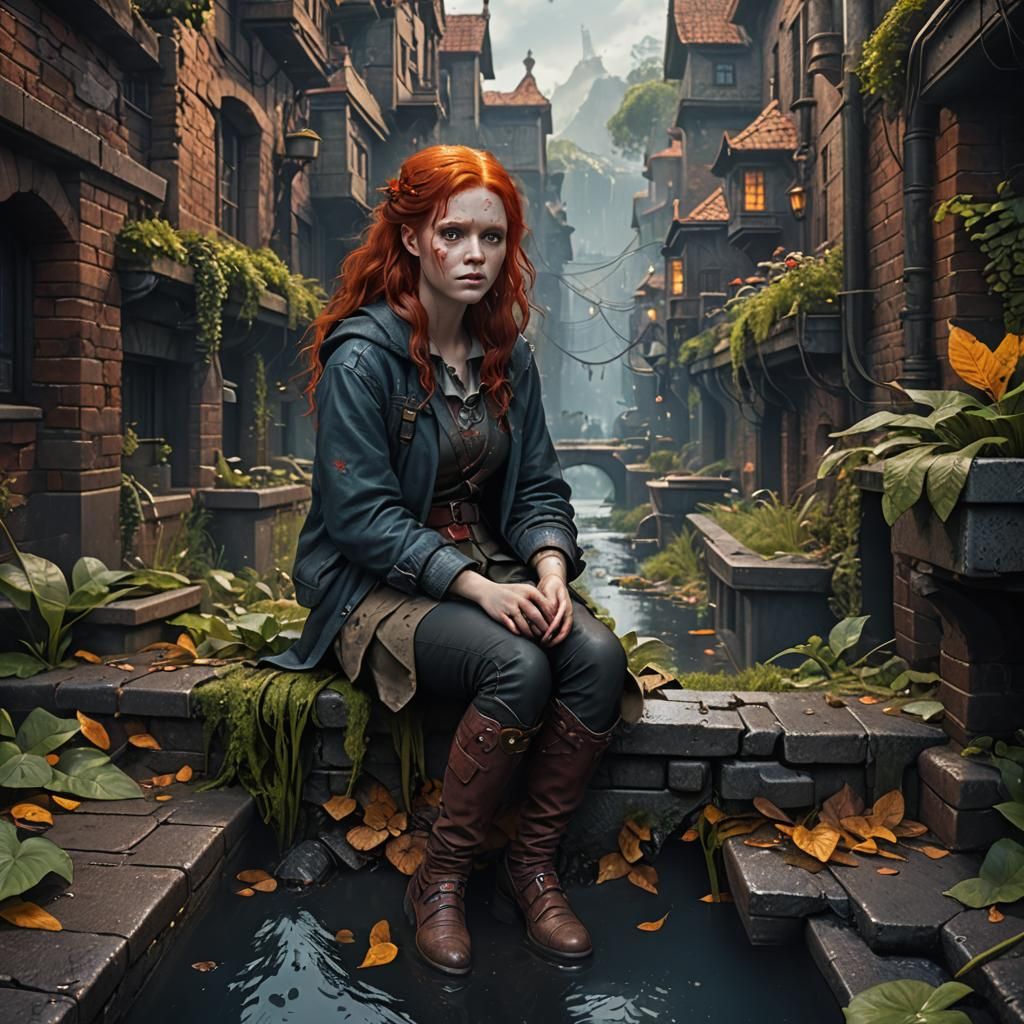 Redhead  sitting in a gutter