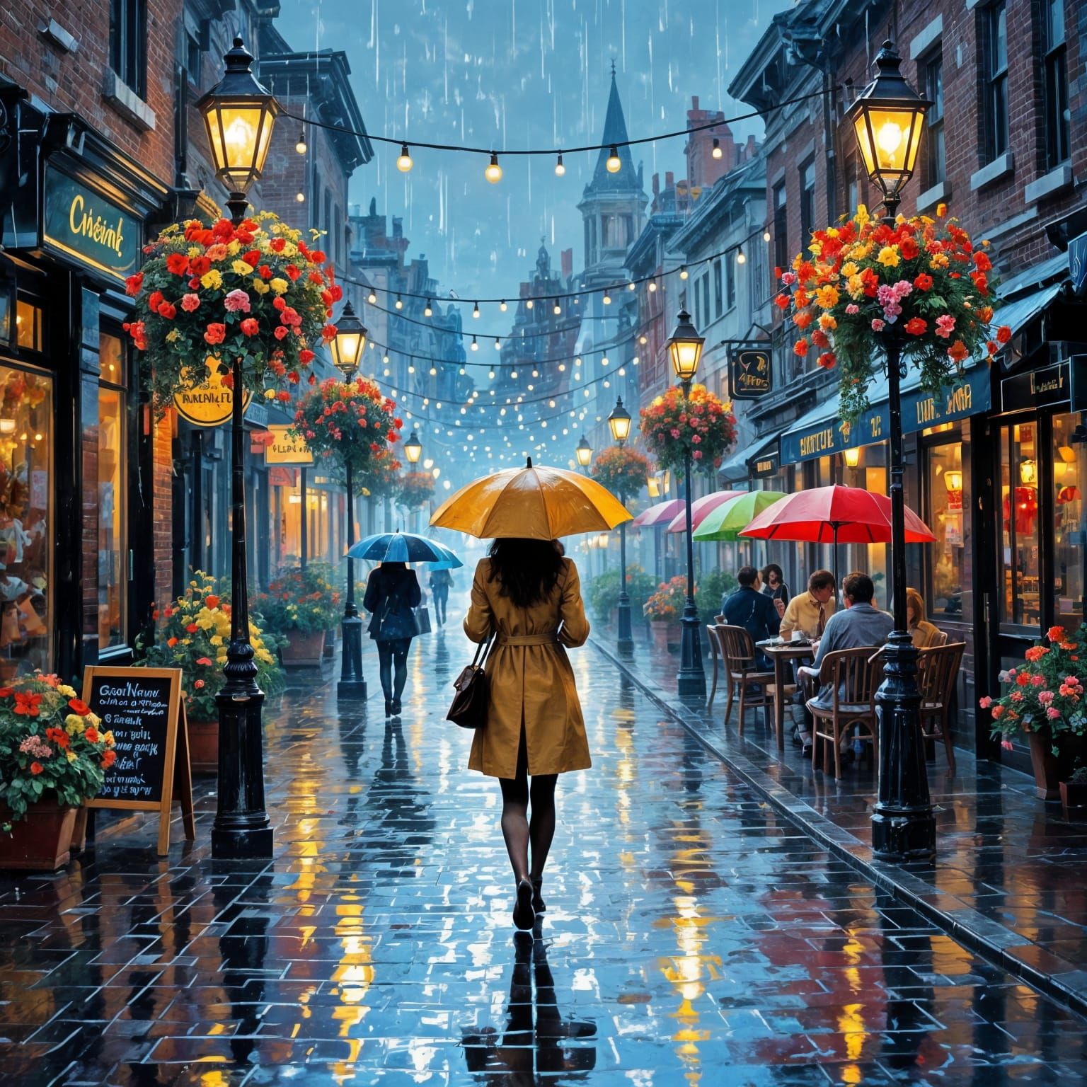 A street scene after a brief heavy summer storm. Puddles, reflections, hanging baskets on lamp posts. ...  by @TheAbbott 