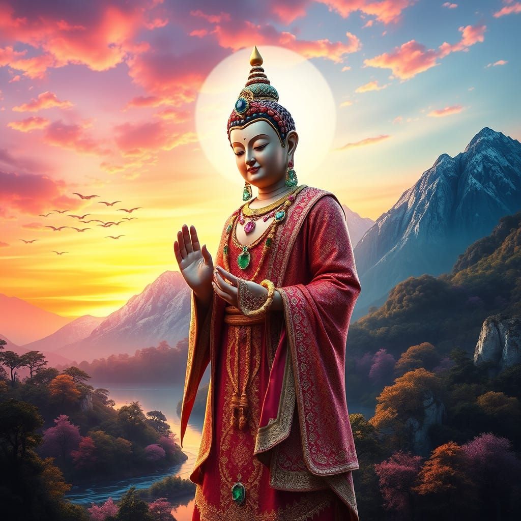 Majestic Bodhisattva Amidst Amethyst and Emerald Mountains