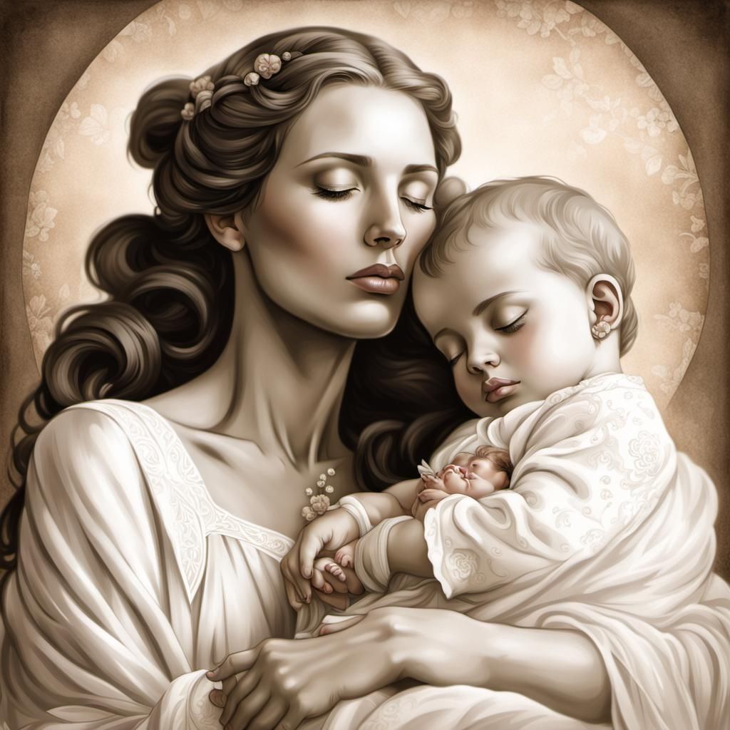 a sleeping baby in her arms.