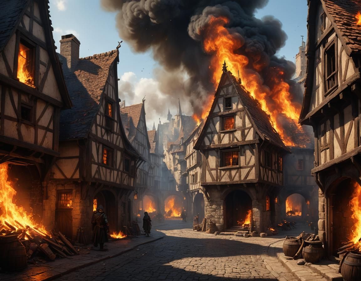 Fire In Medieval Street,