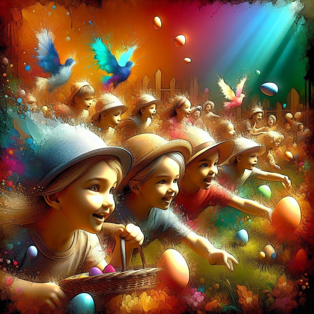 Whimsical kids hunting Easter eggs