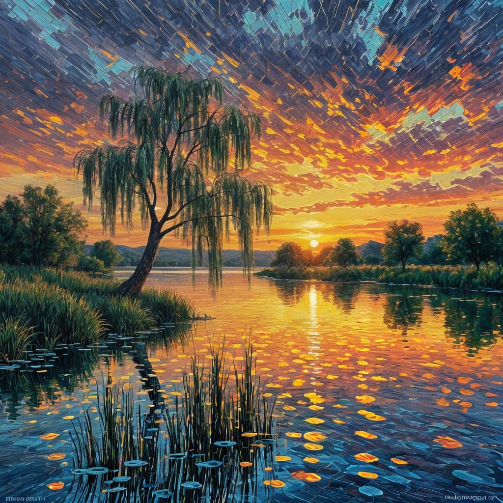 A majestic weeping willow tree stands alone in poetic solitude on the gentle bank of a tranquil, mirror-like river at th...