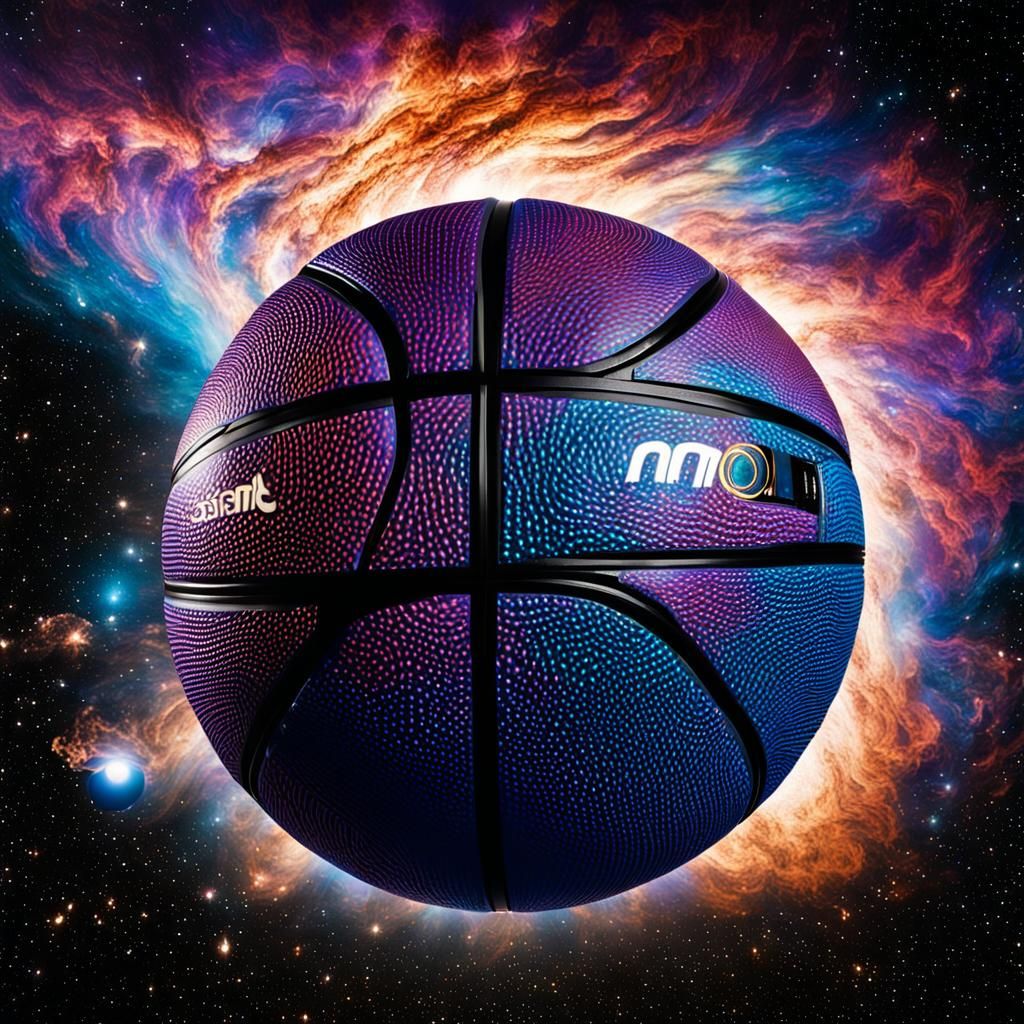 Imagine the coolest basketball ever crafted, a cosmic wonder...