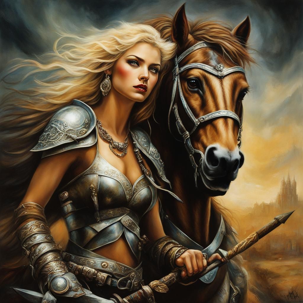 Barbarian Woman Rides Dragon in Dreamy Grunge Landscape