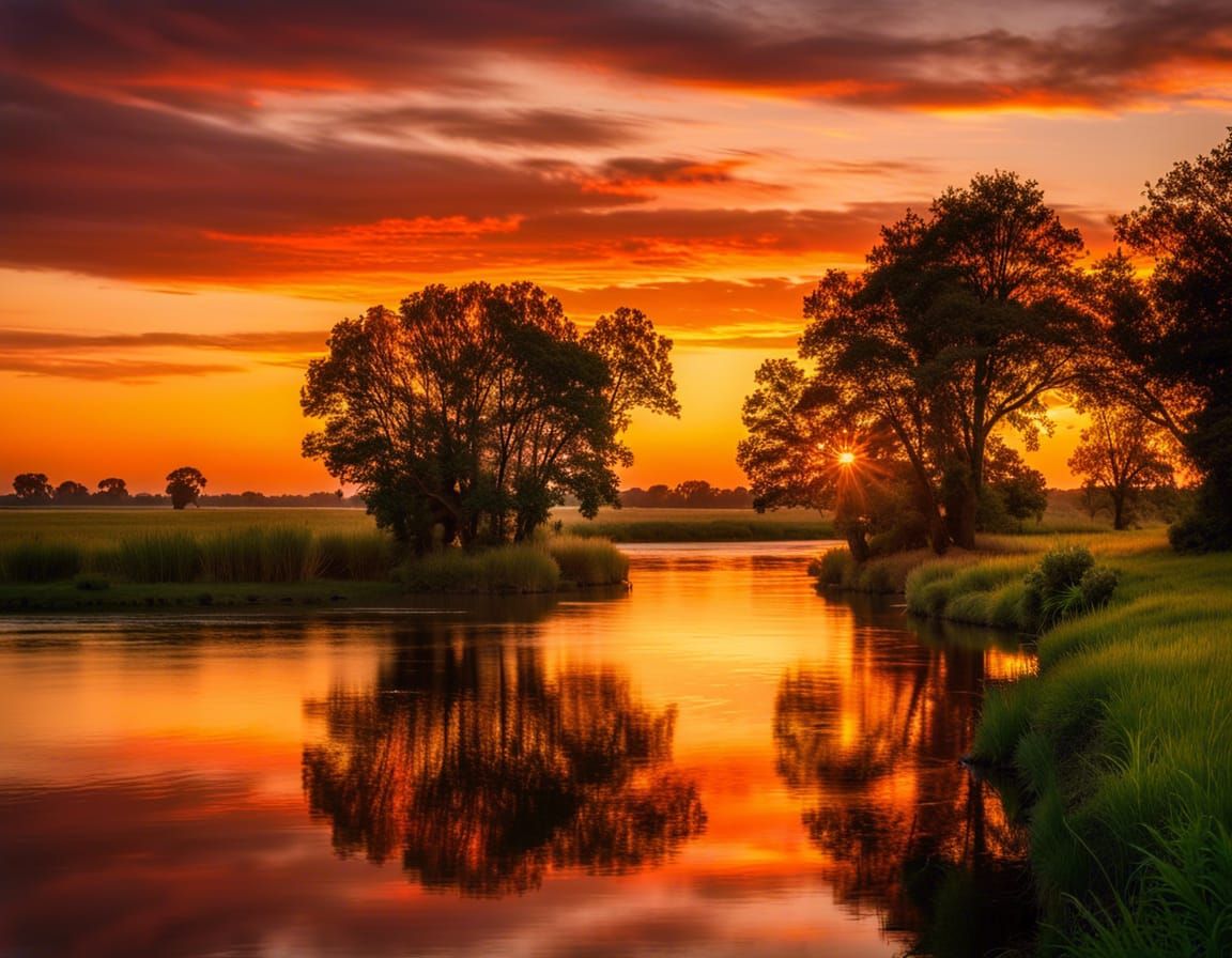 a vibrant, colorful sunset casting warm hues over a winding river