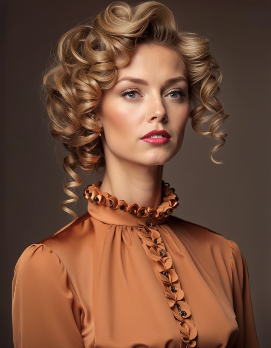 Curly hairstyle, fancy updo, high collar blouse - AI Generated Artwork ...