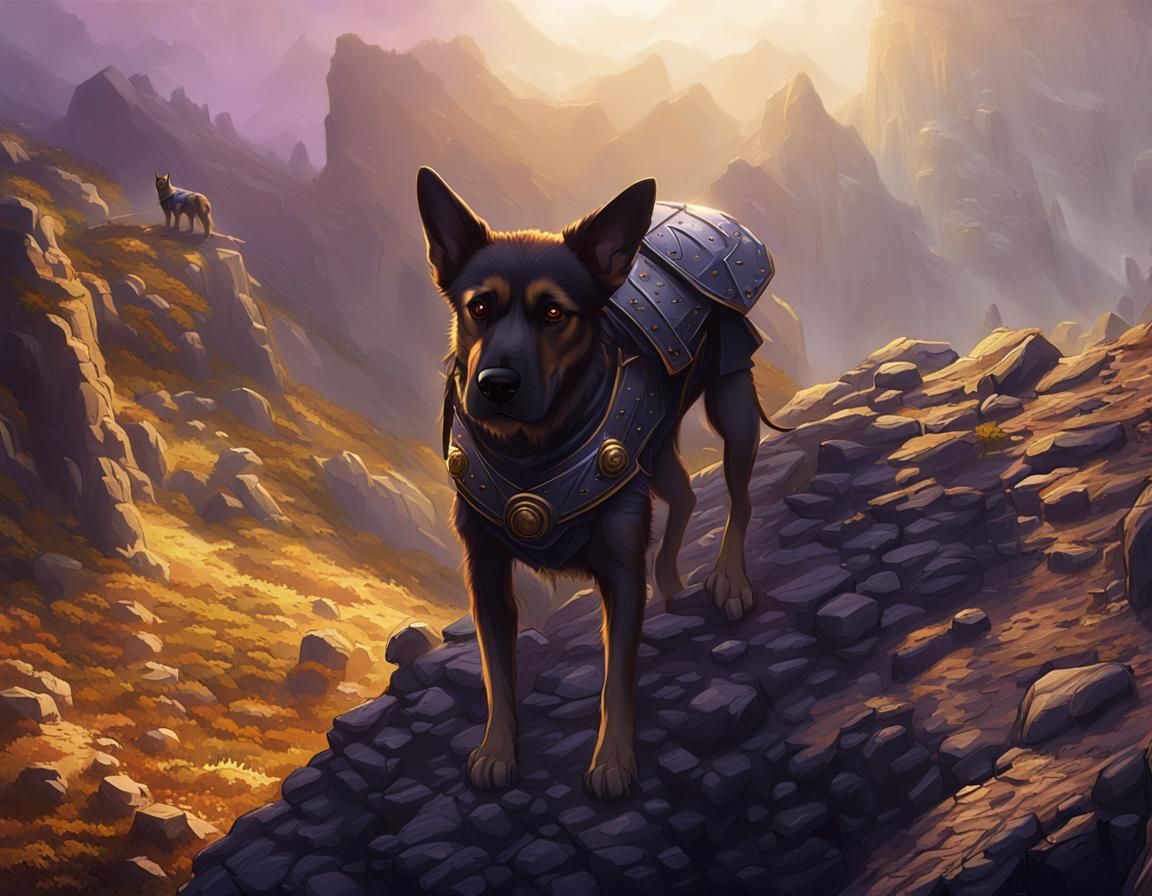Ancient Roman war dog. In armor and mountainous background