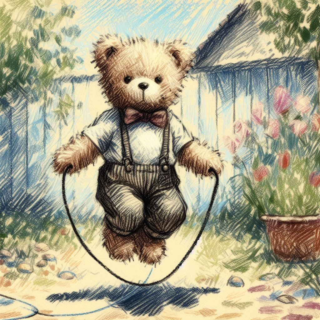 Bear jumping rope in the garden