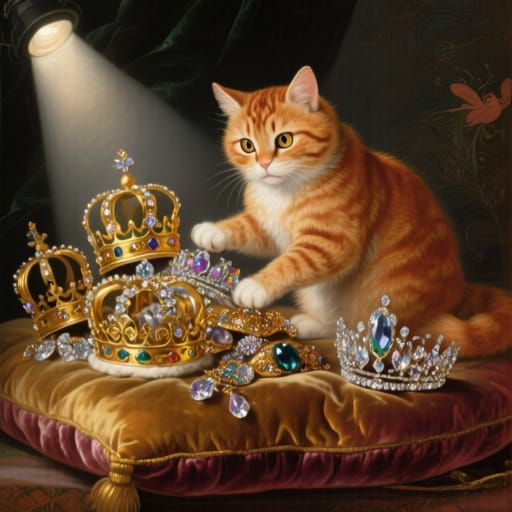 Smart cat plays with crowns and tiaras 
Crowns and Tiaras by Frans Snyders and Ivan Bilibin 
