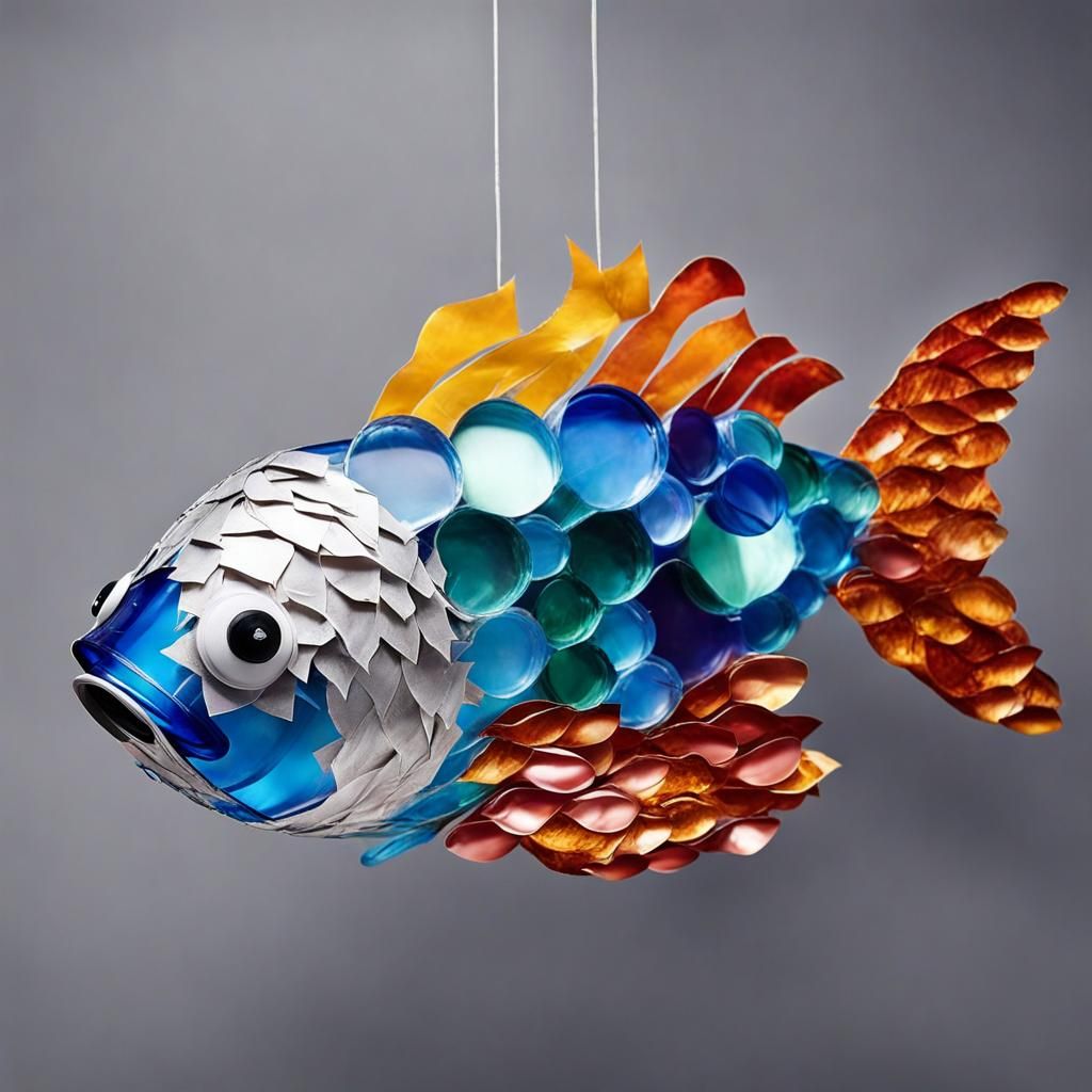 A fish made of glass bottles, aluminium can, plastic and paper. The fish is swiming under the water   by @Carla Valdetaro 