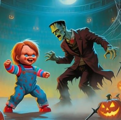 Frankenstein fighting Chucky in Halloween battle arena
