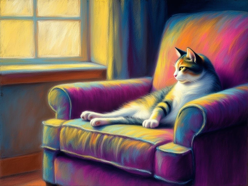 <lora:Neon chalk:1.0> Today
vibrant neon chalk, calico cat, full body, lounging on an overstuffed chair with sun streaming through a window