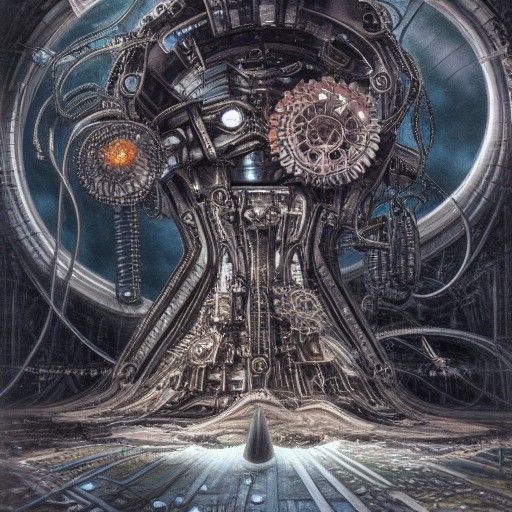 Giant mechanical cosmic horror; detailed realistic masterpiece horror art