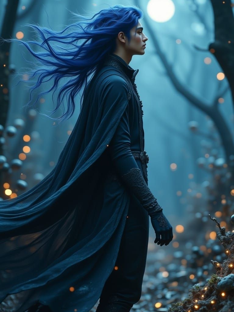 <lora:Future-Punk:1.0> general plan with a full-length human figure in dynamics, a guy with long blue-violet hair walks to the right, looks...