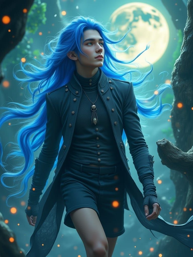 <lora:Future-Punk:1.0> general plan with a full-length human figure in dynamics, a guy with long blue-violet hair walks to the right, looks...