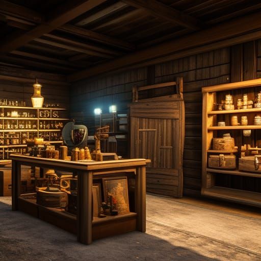 Mini weapon shop village display, refraction reflection 8k r...