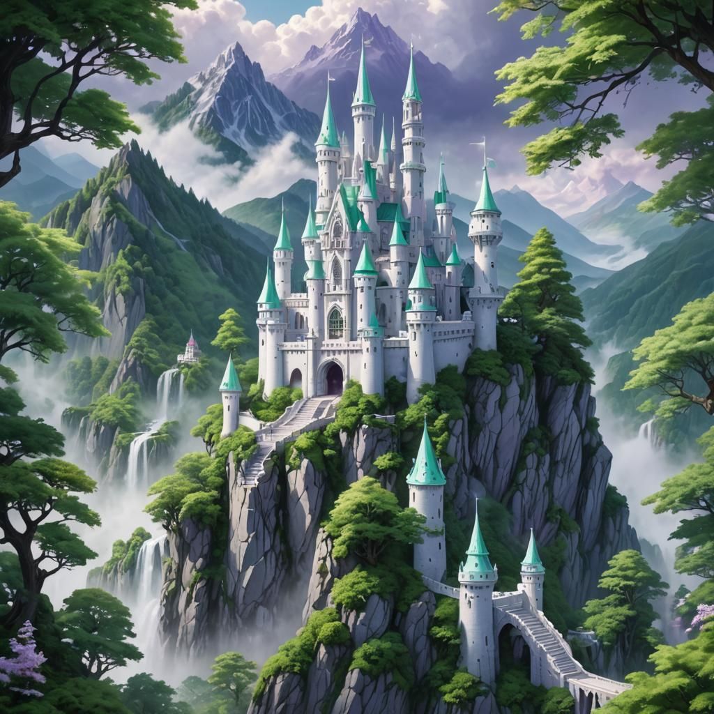 white fantasy castle at the base of a mountain, primary colors light green, light purple, and white
By artist "anime", 3d anime art, inspire...