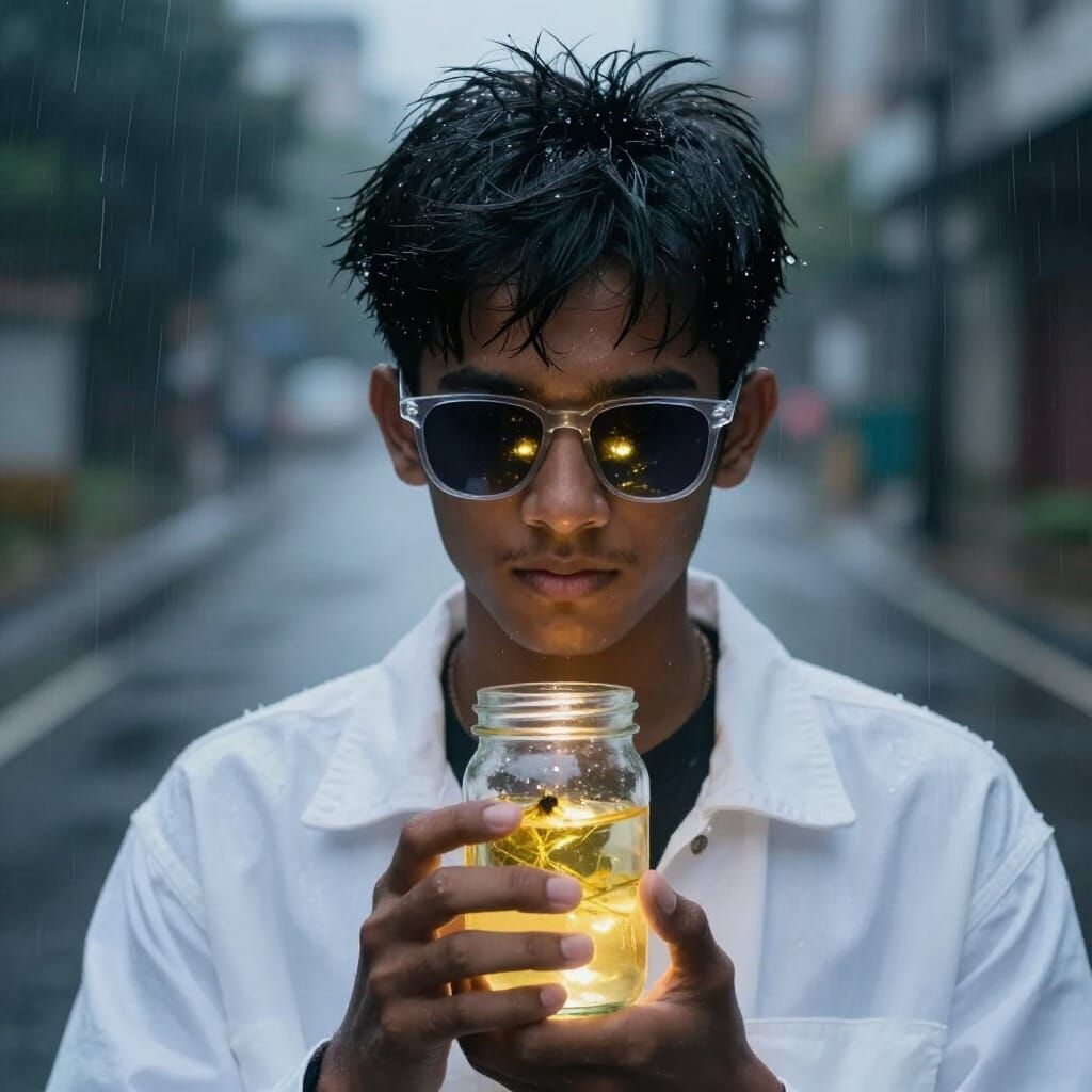 Cinematic Portrait of Boy with Fireflies in Rain