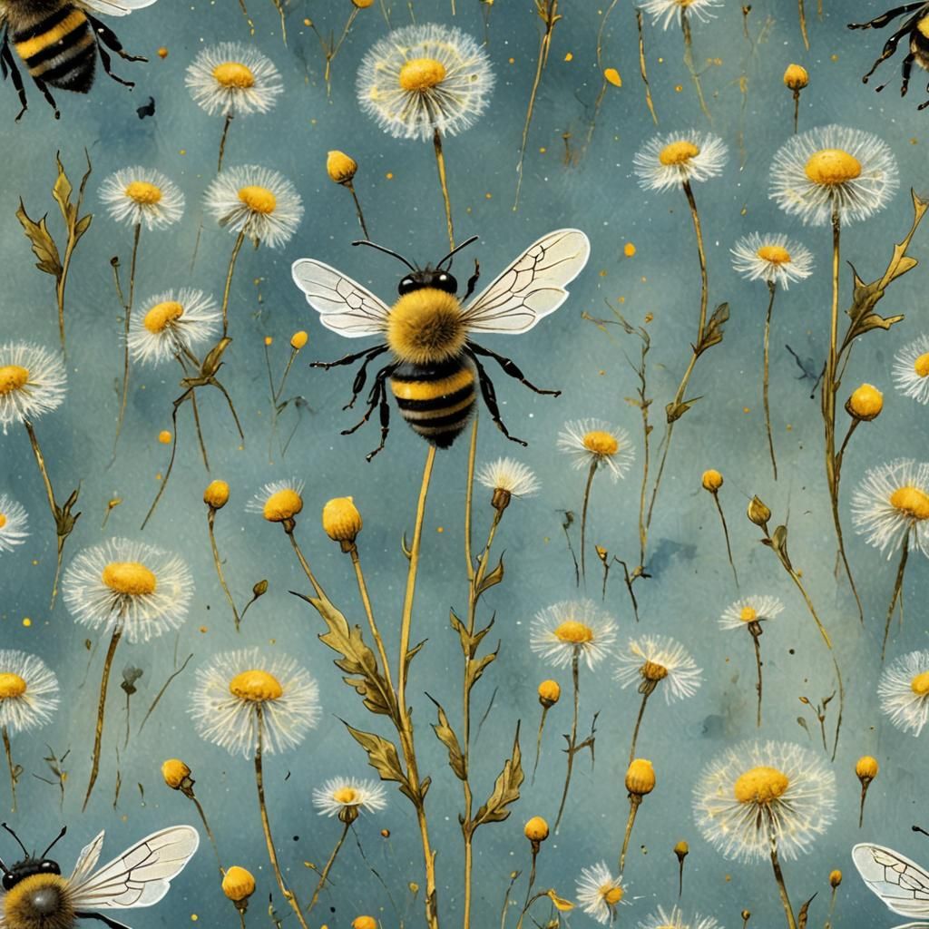 Small bee taking dandelions fluffy seeds, magical, fairy tal...